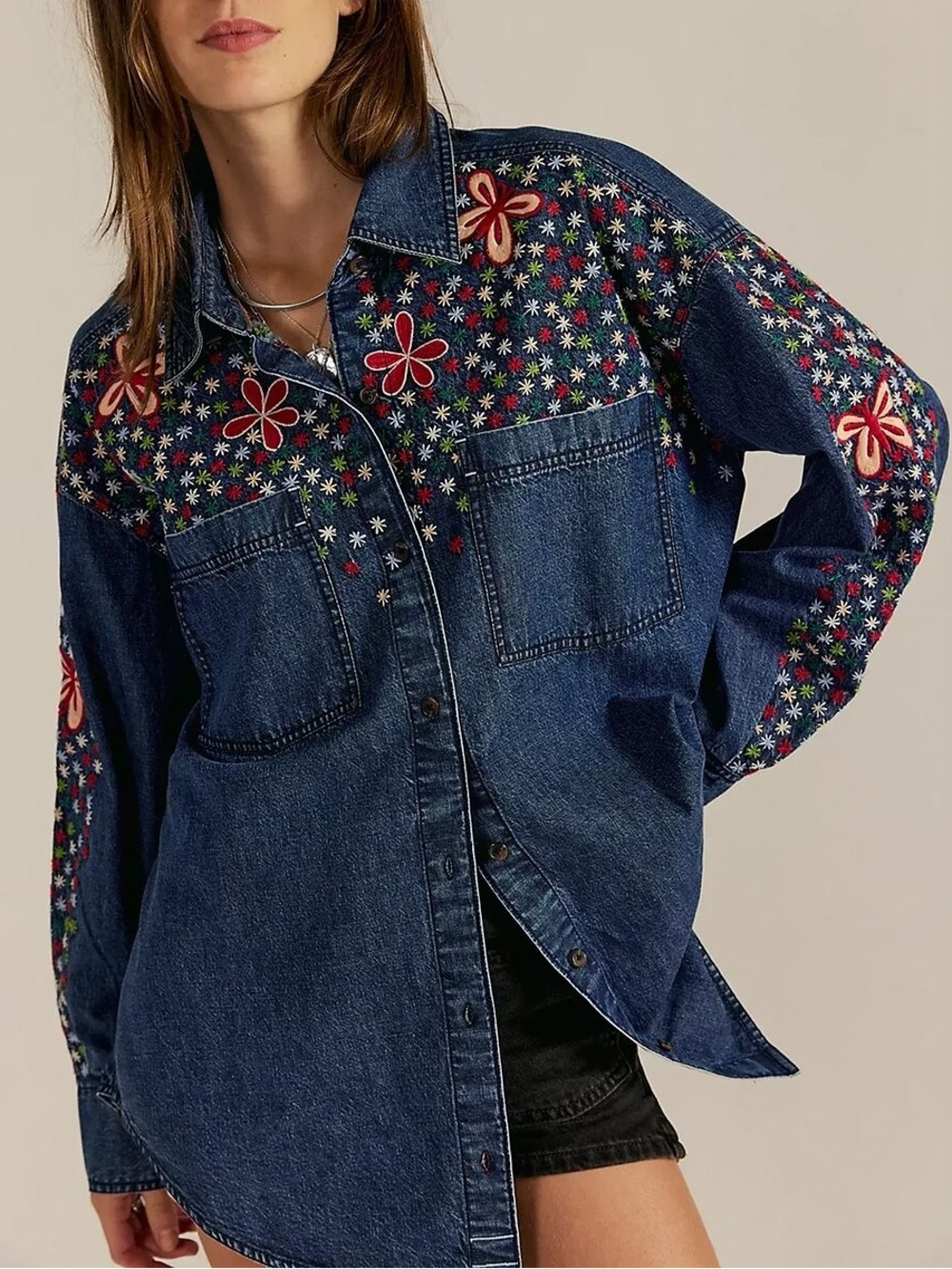 Free People Rainbow Embroidered Denim Shirt